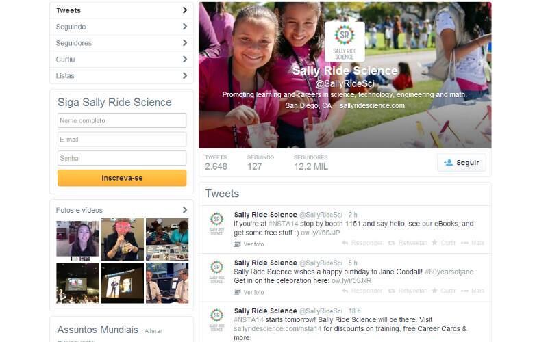 @Sally Ride Science
Sally Ride foi a primeira mulher americana no espaço e fundou a Sally Ride Science, organização dedicada a incentivar o interesse das crianças em ciência, tecnologia, engenharia e matemática. Ela morreu em 2013, mas sua conta se mantém atualizada com notícias sobre educação
