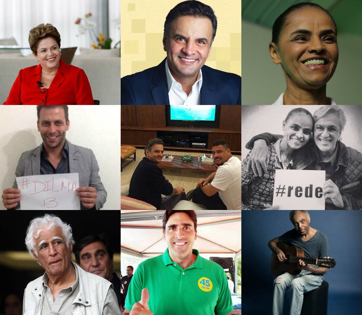 Assim como toda a população brasileira, artistas e atletas também são obrigados a votar nas Eleições e muito deles já manifestaram sua escolha — ou pelo menos seu apoio — em 2014. A seguir, você verá artistas que vão votar nos três candidatos mais bem colocados nas pesquisas de intenção de voto para a Presidência: Dilma Rousseff (PT), Marina Silva (PSB) e Aécio Neves (PSDB)