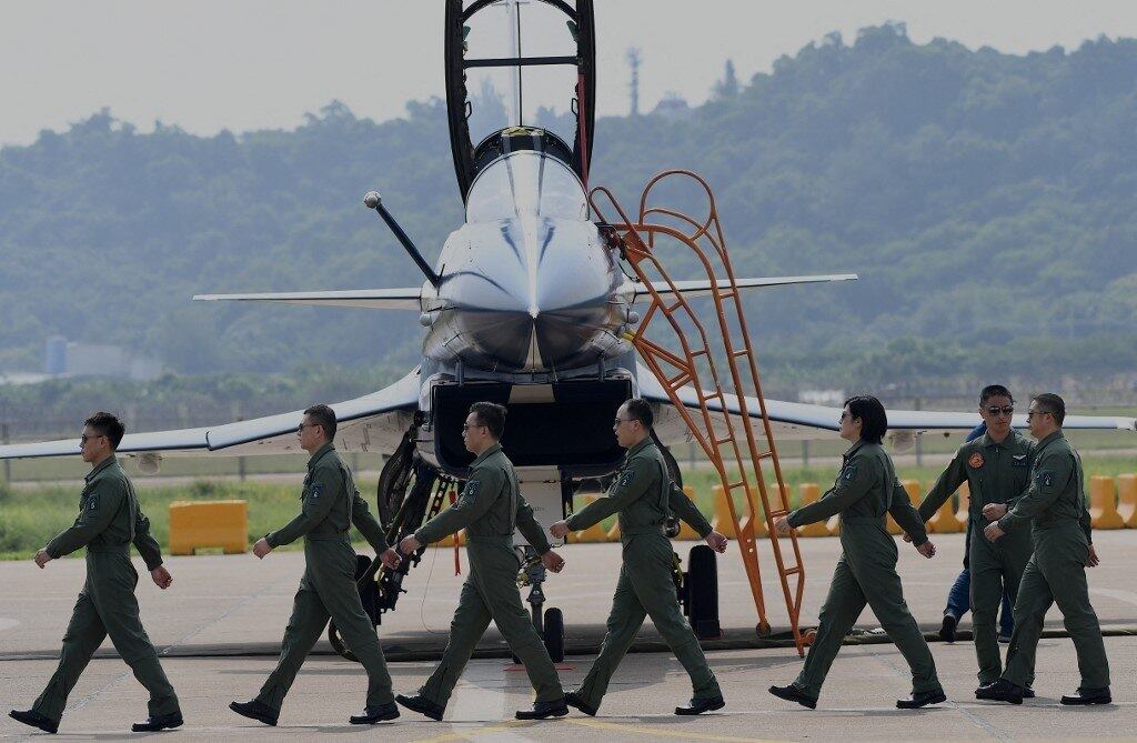 China-Airshow-Zhuhai
Pilots of Chengdu Aircraft Corporation's J-10 for the People's Liberation Army Air Force (PLAAF) march after performing a flight demonstration programme at the 13th China International Aviation and Aerospace Exhibition in Zhuhai, in southern China's Guangdong province on September 28, 2021.
Noel Celis / AFP