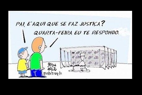 Outra imagem mostra um pai afirmando para o filho que nesta quarta-feira vai conseguir responder se existe Justiça no Brasil