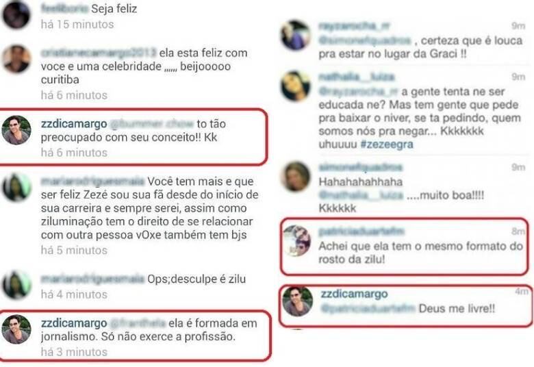 Nem do Instagram ele dá sossego para Zilu. Quando um fã comentou que Graciele parece a ex-mulher de Zezé, ele retrucou com "Deus me livre"