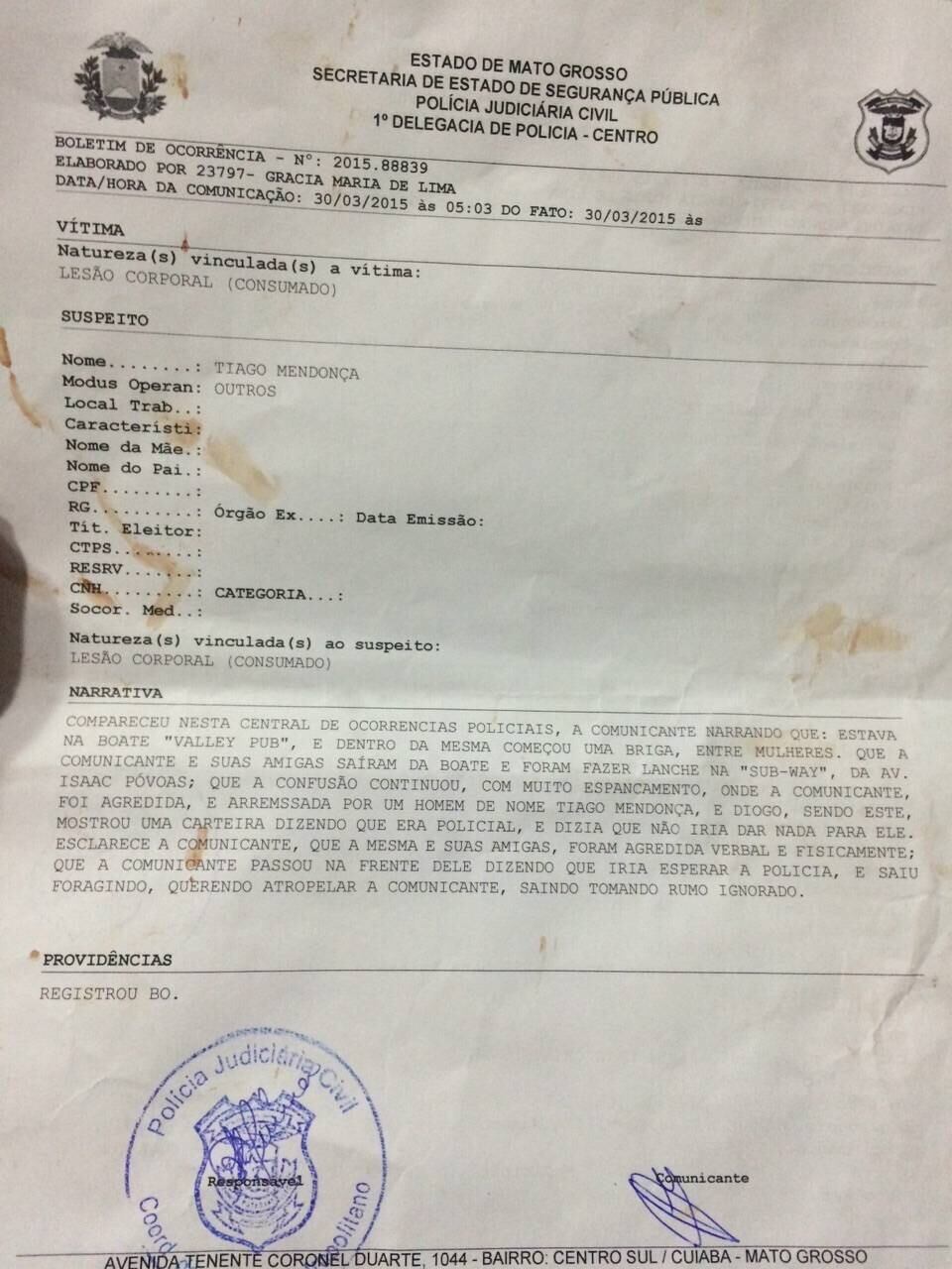 Na imagem acima, o boletim de ocorrência feito por Juliana Guerin no dia 30 de março, com a descrição dos acontecimentos 