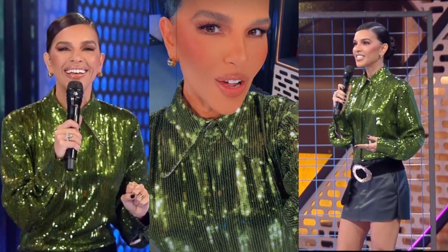 Na Prova da Virada, Mari usou coque chique para compor o visual com camisa verde de lantejoulas e minissaia de couro! O penteado destacou a peça brilhante e deu um charme a mais para a make, com leve delineado nos olhos e gloss brilhante nos lábios!