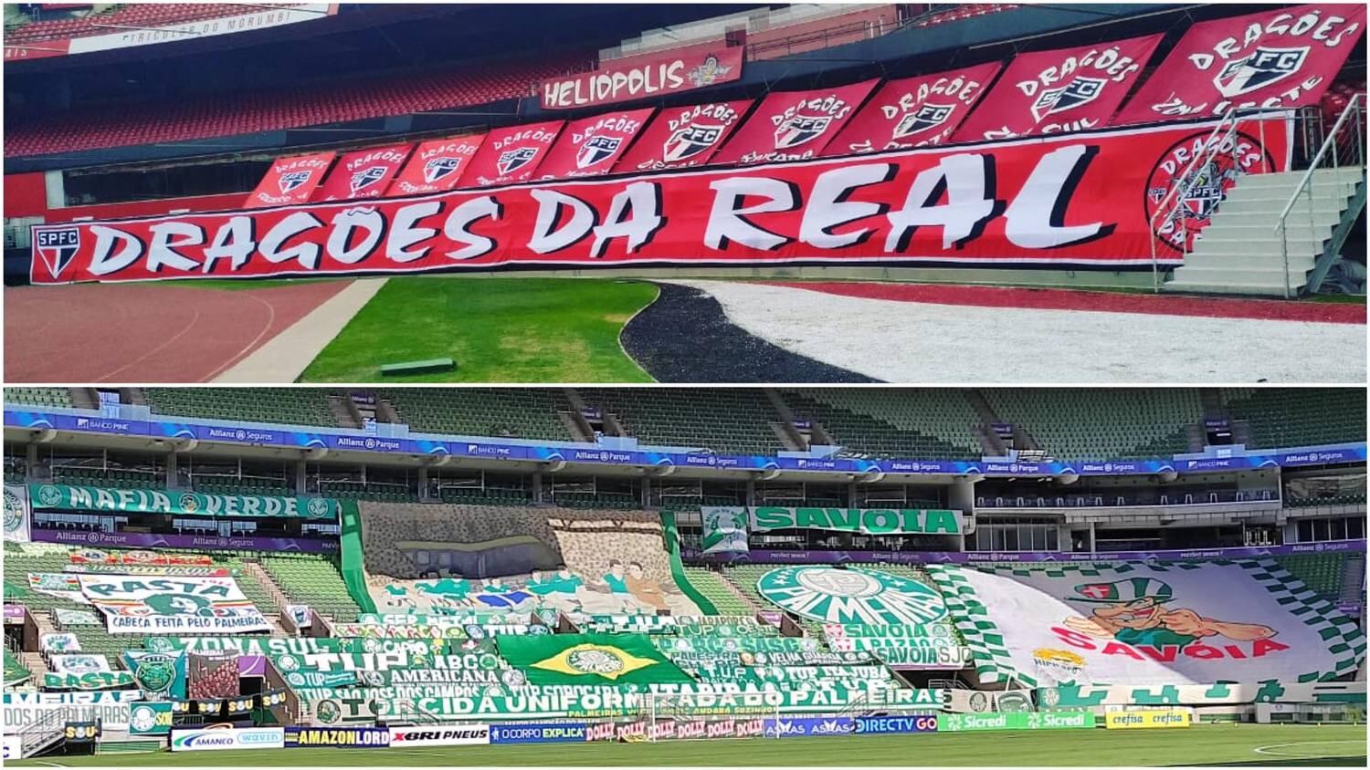 Materiais das torcidas nas arquibancadas do Morumbi e do Allianz Parque
