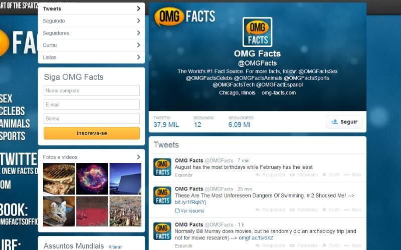 @OMGFacts
O OMG Facts traz fatos interesantes, estranhos e pouco conhecidos. A página combre assuntos como sexo, celebridades, animais e esportes e sempre conta algo novo
