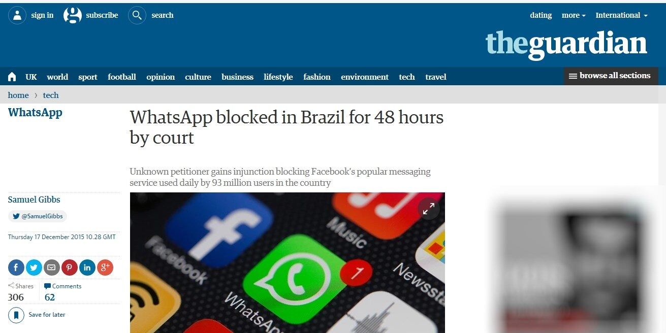 The Guardian dá destaque para bloqueio do WhatsApp no Brasil