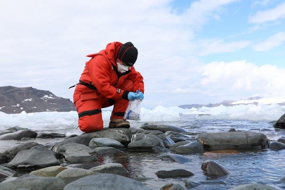 Pesquisador coleta amostras nas rochas da Antártica