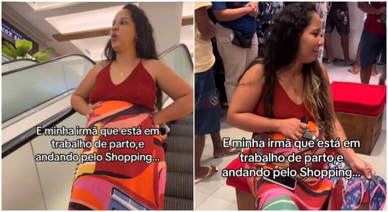 Mulher em trabalho de parto caminha por shopping