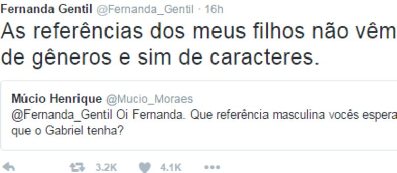 Fernanda Gentil explica a seguidor quais são as referências que pretende passar a seus filhos