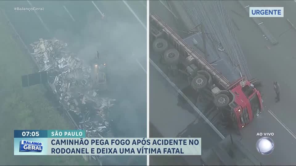 Caminhão pega fogo e uma pessoa morre após acidente no Rodoanel, em São Paulo