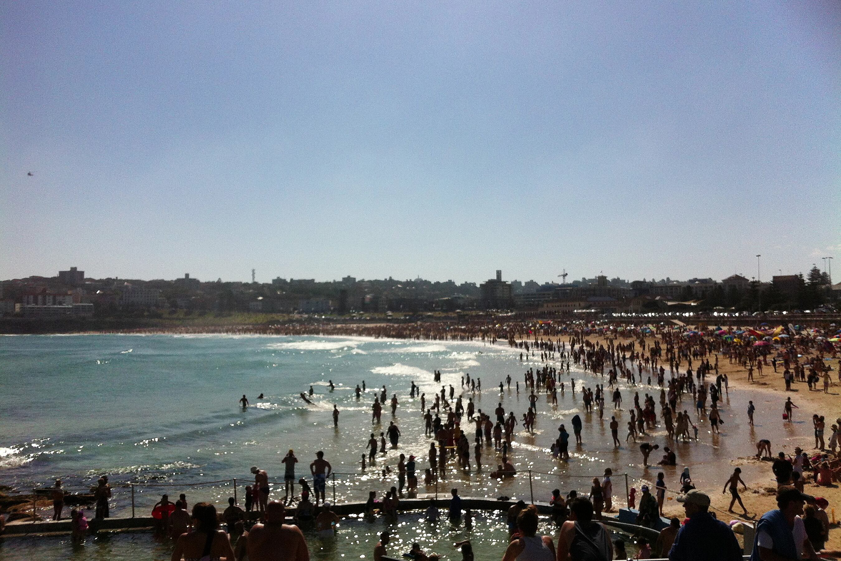 Foto feita com um telefone celular mostra banhistas fugindo do mar em Sydney, Austrália, depois que um alerta de tubarões foi acionado