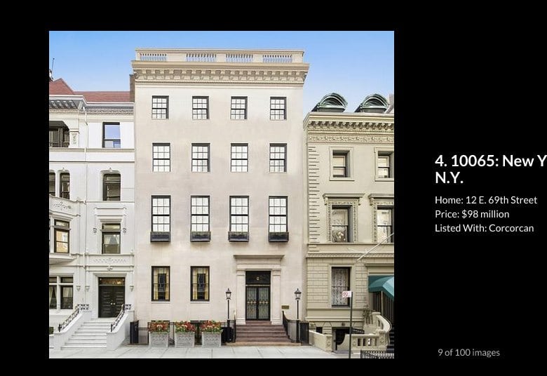 4- Nova York, Nova York — Código postal: 10065

No lado leste do Central Park, também em Manhattan, o preço médio dos imóveis é de R$ 14,37 milhões (US$ 5,93 milhões). Lá os imóveis ficam mais de um ano, em média, no mercado (459 dias). Atualmente, há 70 residências disponíveis. Na foto, está o prédio na rua 69 leste, nº 12. Ele custa R$ 237,43 milhões (US$ 98 milhões)