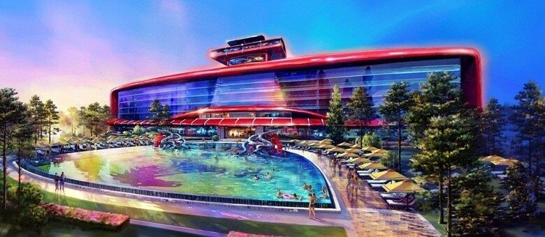 Desenho mostra como será o resort dentro do completo Ferrari Land, com piscina que reproduz escudo da marca