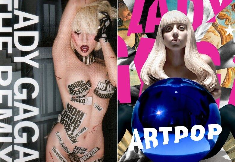 Lady Gaga — The Remix (2010) e ARTPOP (2013)
A cantora é outra que já teve mais de uma capa sensual. Em seu CD com remixes, ela aparece coberta por adesivos e no ARTPOP, ela cobre os seios com uma bola metálica azul e duas mãos