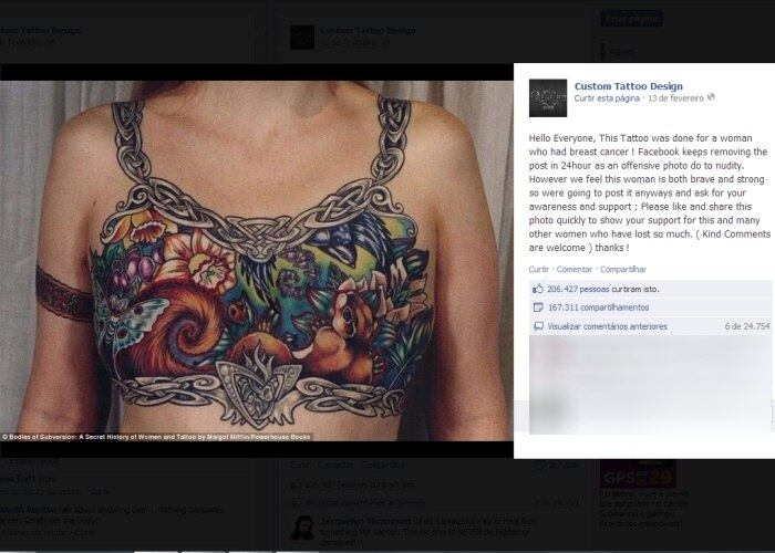 A rede social resolveu deletar a imagem de uma mulher nua que passou por uma mastectomia dupla, a cirugia de remoção de mamas. A imagem é uma reprodução de um livro de tatuagens e foi publicada no perfil de um estúdio de tatuadores canadense neste mês