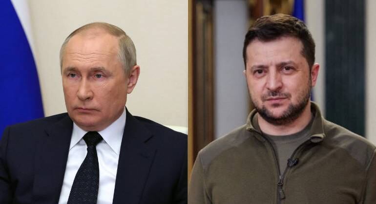 Vladimir Putin (à esq.) e Volodmir Zelenski (à dir.) travam guerra no Leste Europeu