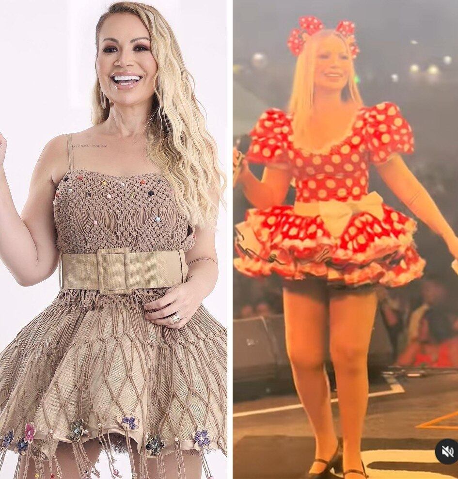Solange Almeida usou diversos vestidos caipiras durantes seus shows ao longo deste mês. O da esquerda segue um estilo princesa, cheio de bordados, com flores coloridas na barra. O da direita, vermelho com babados, estampa de bolinha e mangas bufantes é ideal para quem busca fazer a linha caipira vintage