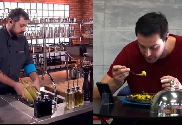 Receita via ligação telefônica

Divididos em duplas, seis competidores precisaram trabalhar a confiança entre si para reproduzir, em sabor e apresentação, um prato de Felipe Bronze. Um chef ficava na cozinha enquanto o outro, na Casa Top Chef, descrevendo o máximo de detalhes possíveis via celular! 
