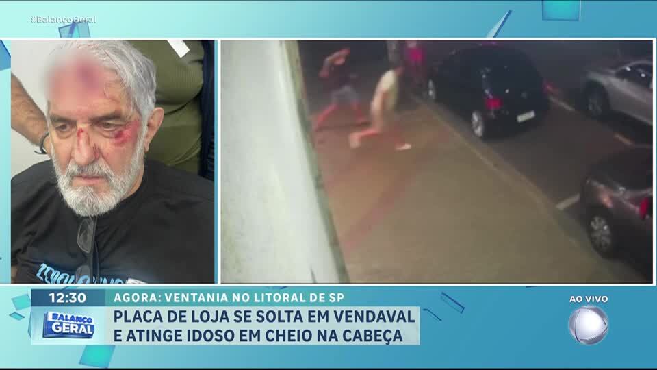 Placa de loja se solta em vendaval e acerta cabeça de idoso em Itanhaém (SP)