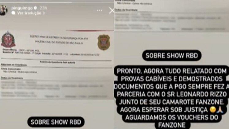 Em suas redes sociais, o farsante publicou um Boletim de Ocorrência denunciando o outro suposto responsável pelos golpes aplicados. Ele responsabilizou o empresário Leonardo Rizzo, dono do camarote em um estádio de São Paulo, localidade prometida pelo próprio Pinguim, às vítimas, que não conseguiram determinado ingresso
