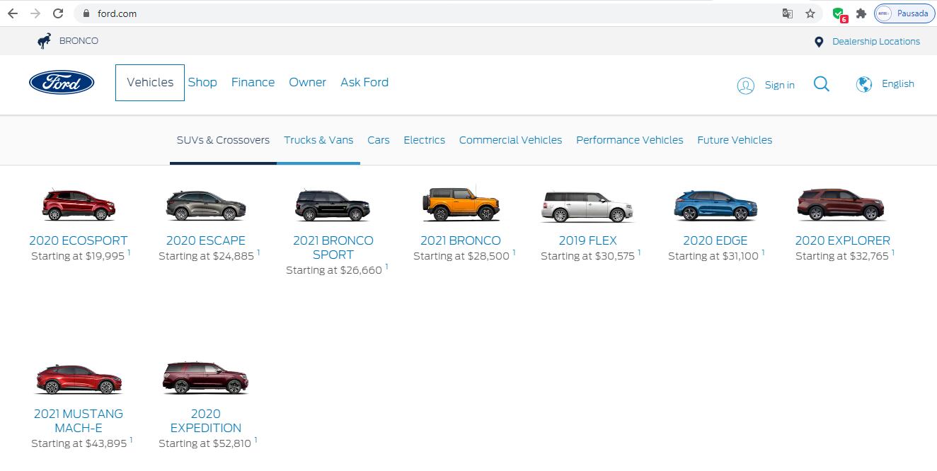 Montadora oferece nove crossovers e três pickups nos EUA mas apenas um automóvel (Mustang)