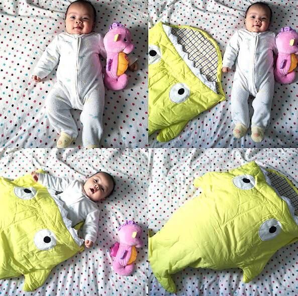 Nesta outra, ela quis mostrar que a filha foi "engolida" por um tubarão numa montagem feita com quatro imagens