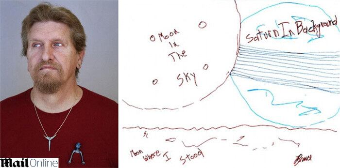 Bruce tinha sete anos de idade e morava em Indiana. Durante uma noite, ele acordou com uma coceira irritante no nariz e, quando foi ver, havia vidro epalhado por sobre seu rosto e ele não entendia o que acontecia. Ele diz que alguém se aproximou dele, pegou seus braços e os cruzou sobre o peito, dizendo que estava tudo bem e que ele não precisava se preocupar.
Mais calmo, Bruce sacou que ele estava em uma espécie de maca de metal e estava usando uma roupa espacial. O ser que o acompanhava também usava um traje espacial, mas não havia como ver o rosto dele porque ele estava de capacete e uma viseira dourada tapava o seu rosto.Ele diz ter perguntado onde estava e a criatura respondeu que eles estavam em uma das luas de Saturno
