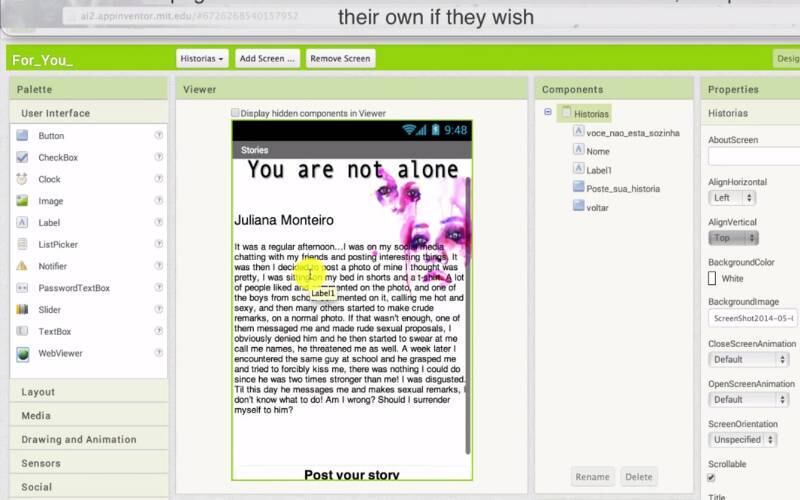 Um das opções do aplicativo é o menu "You are not alone", em que as usuárias podem ver suas histórias publicados e a de outras meninas