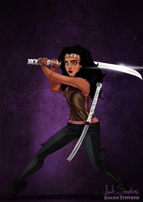 Esmeralda, de O Corcunda de Notre Dame, fantasiada de Michonne, da série The Walking Dead
Ela trocou o pandeiro por um novo "brinquedinho"