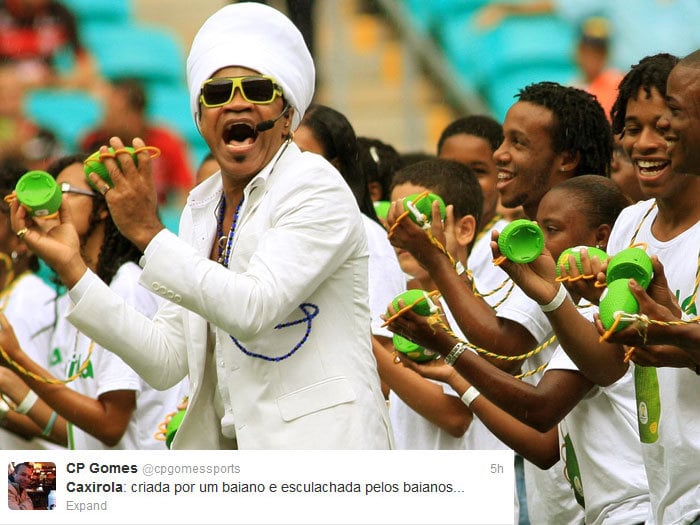 Tadeu, porém, parece ser um dos poucos a aprovarem o instrumento, criado por Carlinhos Brown. Como o clássico baiano era um evento teste para a Copa das Confederações, o próprio músico se apresentou na Fonte Nova antes da partida usando a caxirola. Pena que nem seus conterrâneos gostaram da ideia...