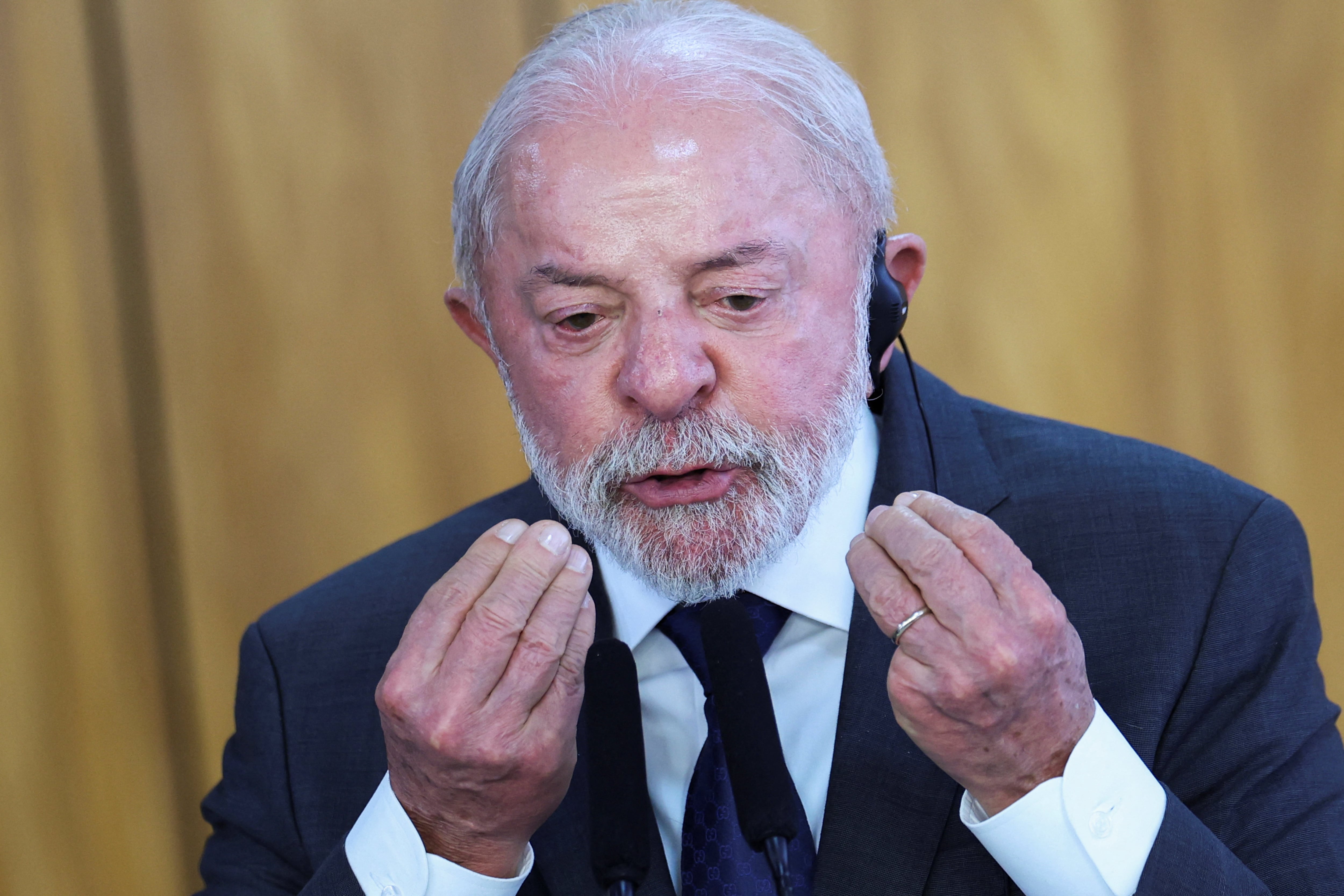 Brazil's President Luiz Inacio Lula da Silva speaks during a joint press statement with South Africa's President Cyril Ramaphosa, at the Planalto Palace, in Brasilia, Brazil, March 9, 2026. REUTERS/Adriano Machado