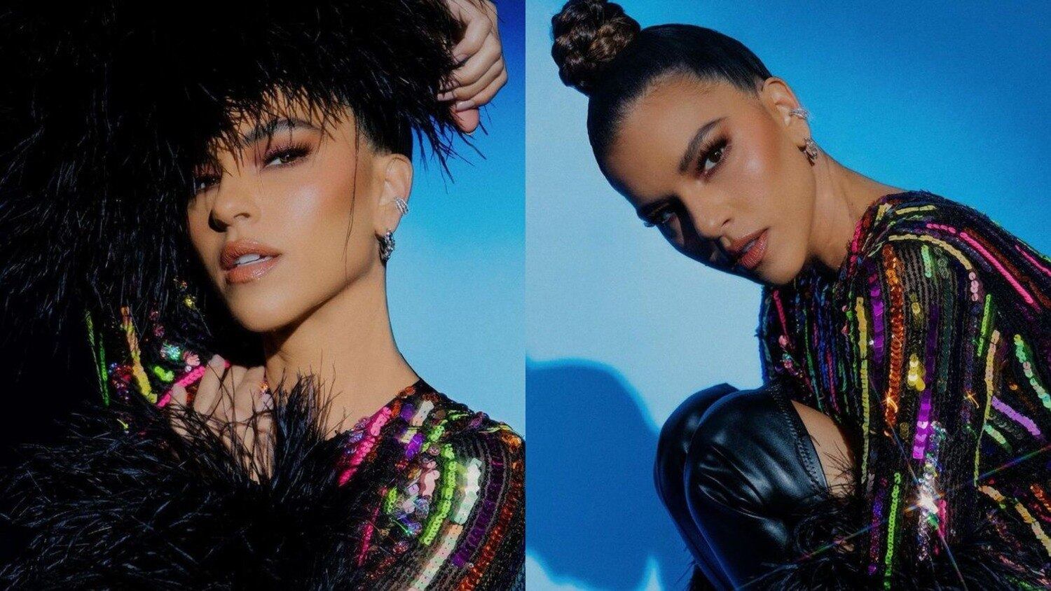 Para o domingo (14), Mari ousou com look icônico! A apresentadora optou por vestido curto, todo trabalhado em lantejoulas, e plumas nas mangas. Arrematando o visual com ainda mais estilo, a morena calçou botas de cano alto em couro lindíssimas. O coque finalizou o visual com elegância