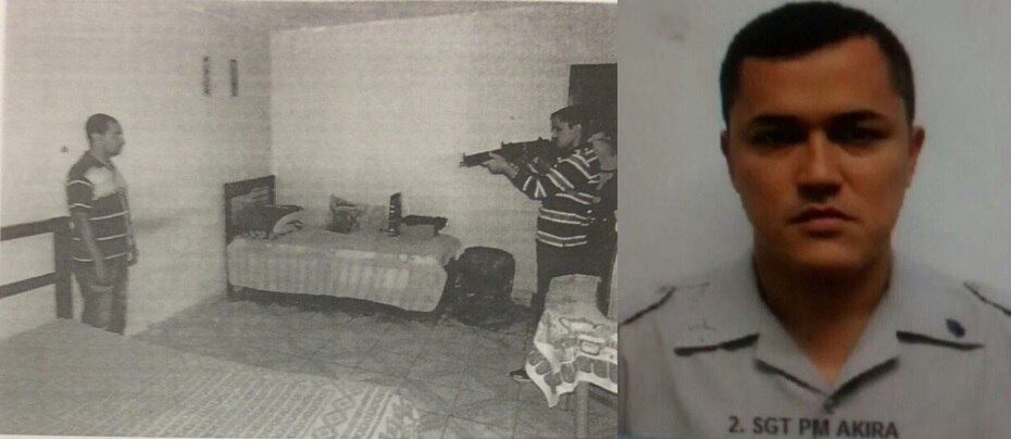Durante a reprodução simulada da execução do pedreiro Vagner de Sousa Ribeiro, 32, o então sargento da PM de SP Marcos Akira Rodrigues Teixeira (dest.) mostrou como o matou, sem que ele tivesse reagido
