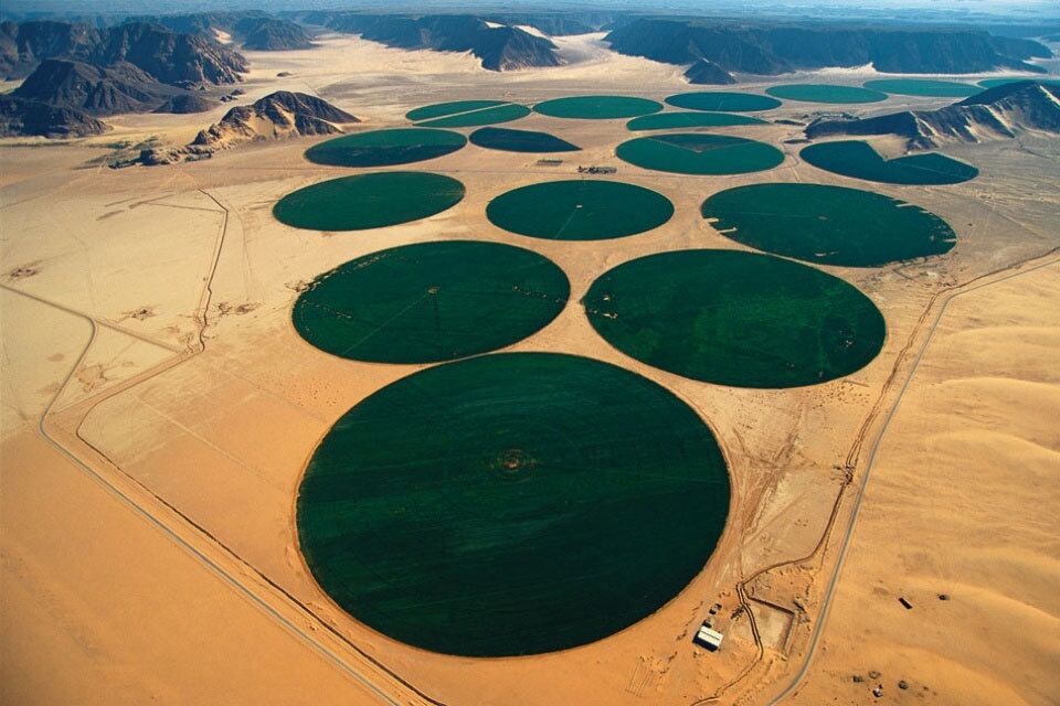 A ideia de realizar o
projeto A
Terra Vista do Céu, para mostrar a beleza do
planeta Terra e a fragilidade da natureza por um
novo ângulo, surgiu quando o fotógrafo estava no Brasil durante a Conferência das Nações
Unidas sobre o Meio Ambiente e o Desenvolvimento, a Eco
92.

Acima, centro de  irrigação em Wadi Rum, na Jordânia, retira água de camadas profundas do subsolo (de 30 a 400 m)