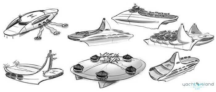 No site da empresa, há diversos esboços que resultaram no iate-ilha. Desde os primeiros desenhos, a prioridade foi colocar elementos que lembrassem água, montanhas e cachoeiras, segundo os designers