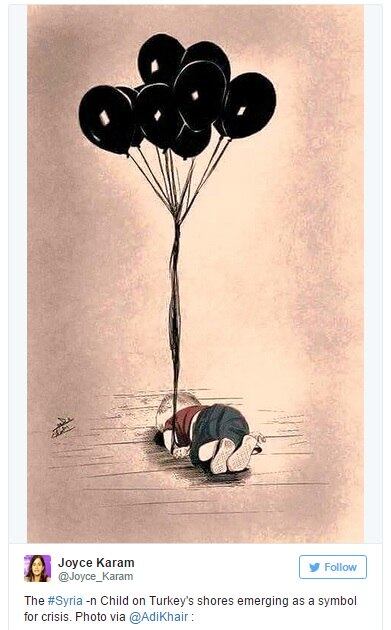 "A criança síria na costa da Turquia emerge como símbolo da crise", diz Joyce Karam, com ilustração de Adi Khair 

Tragédia no Mediterrâneo: cadáver de criança imigrante é encontrado em praia na Turquia


