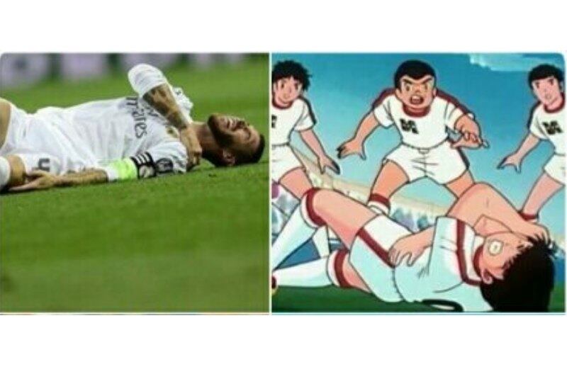 Ao cair no chão, Sergio Ramos colocou a mão direita no ombro esquerdo. Oliver, após seu gol, fez exatamente a mesma coisa