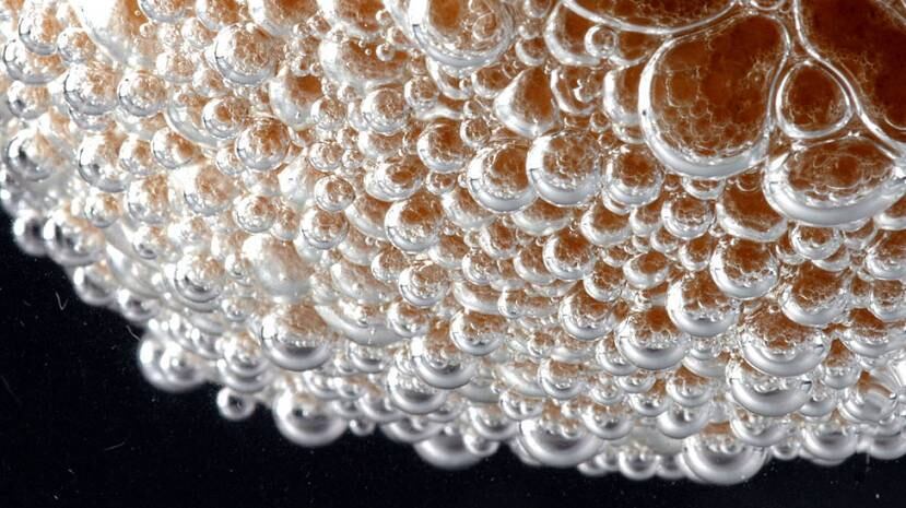 Nesta foto há o registro da reação entre uma casca de ovo e ácido clorídrico, que gerou bolhas de dióxido de carbono