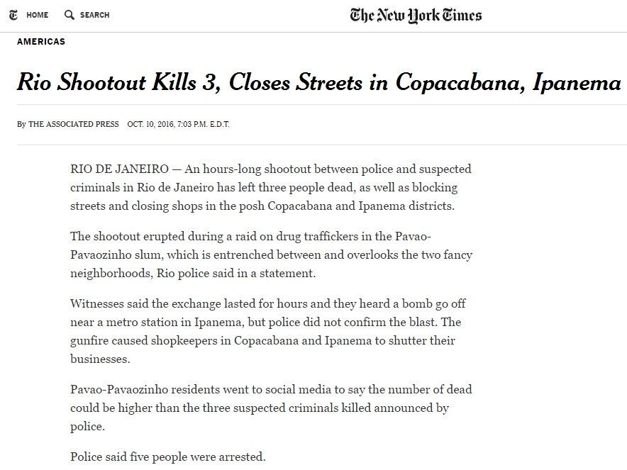 Jornal americano lembrou que violência acontece após Rio 2016