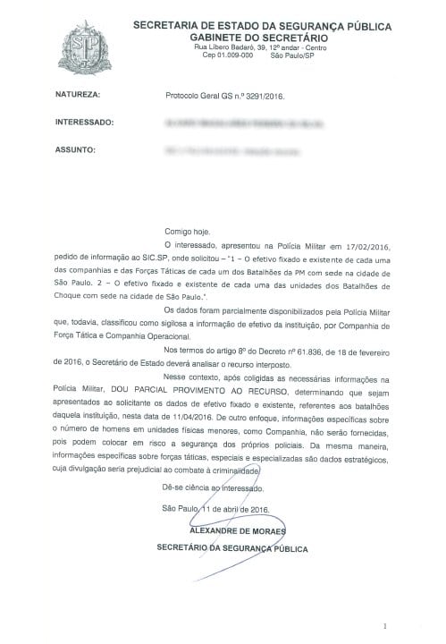 Documento em que o Secretário de Estado da Segurança Pública, Alexandre de Moraes, ratifica o sigilo sobre as Companhias da PM e Forças Táticas