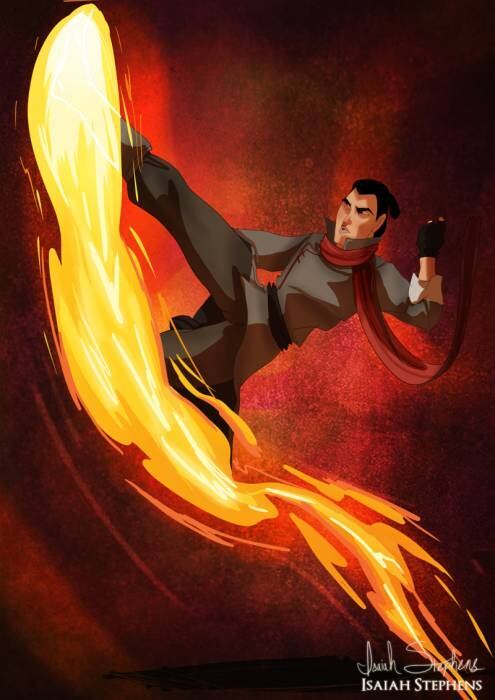 Li Shang, de Mulan, fantasiado de Mako, do desenho Avatar: A Lenda de Korra
Ambos os personagens são determinados e poderosos. Combinou bastante, não acha?