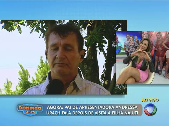 Sobre a perna da modelo, disse: "Eu não consegui falar com os médicos, mas perna dela é
protegida. Eu não cheguei a me aproximar muito porque a gente vem da rua e é um
contato, uma infecção. Me aproximei ao máximo um metro da minha filha. Mas, não
pude nem beijá-la...Não que não quisesse. Mas, evitar qualquer contato"

 

+ ASSISTA: Pai de Andressa Urach fala sobre visita à filha na UTI

+ Aproveite e confira as matérias do programa Domingo Show

+ Já curtiu a página do Domingo Show no Facebook? É só clicar!

+ Siga o Domingo Show no Twitter e receba todas as notícias do programa