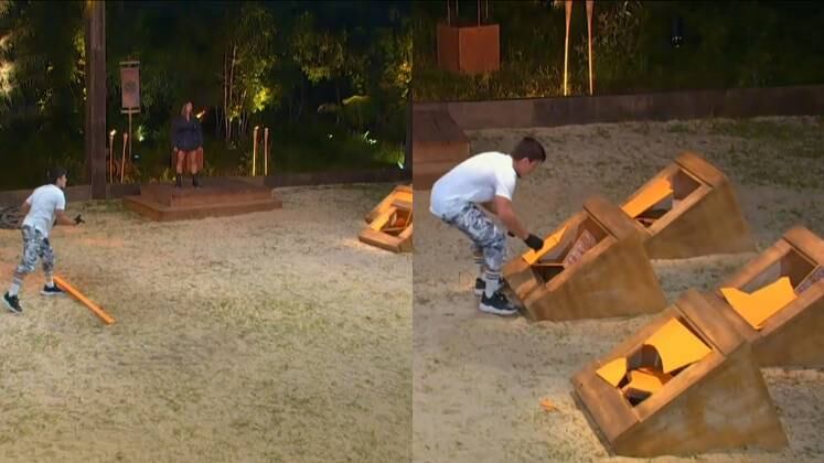 Com muita agilidade, Thomaz correu para arremessar as bolinhas nos alvos que estavam no chão. Após quebrar todos, ele retirou as peças para montar o quebra-cabeça vertical  