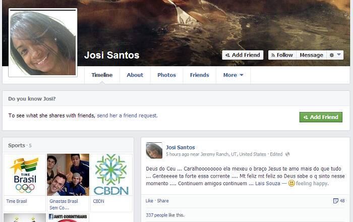 Companheira de Laís Souza na busca por uma vaga nos Jogos Olímpicos de Sochi em esqui estilo livre, Josi Santos publicou na quarta-feira (29) em sua página do Facebook que a amiga mexeu o braço:

- Deus do céu... Ela mexeu o braço. Jesus, te amo mais do que tudo... Genteeeee, tá forte essa corrente... Muito feliz, muito feliz. Só Deus sabe o que sinto nesse momento... Continuem, amigos, continuem.

Posteriormente, porém, o médico explicou que o ocorrido foi consequência do fato de ela conseguir movimentar os ombros. Por isto, eles não consideram que Laís já tenha domínio dos membros superiores

