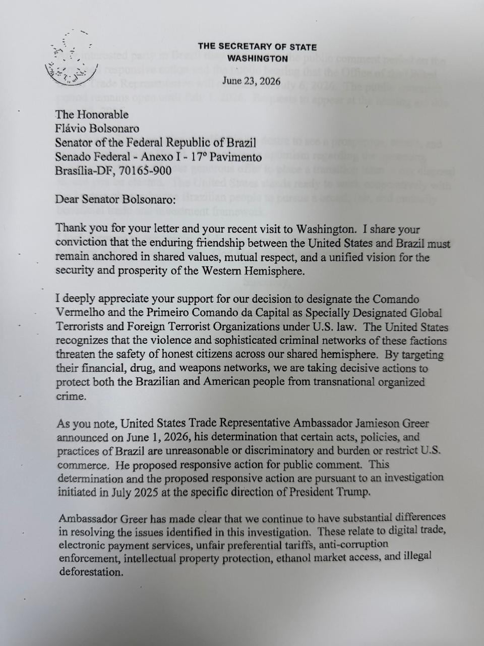 Carta enviada por Marco Rubio a Flávio Bolsonaro