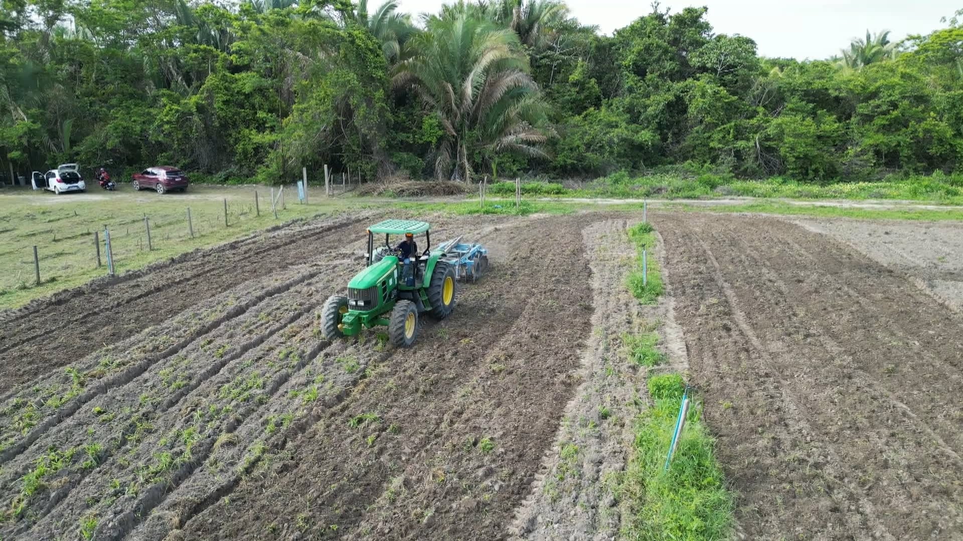 Um trator verde trabalha em um terreno de solo arado. O trator está no centro da área de plantio, e há uma pessoa conduzindo o veículo. Ao fundo, há uma cerca e uma faixa de vegetação densa com árvores altas. Alguns carros estão estacionados perto da cerca, do lado esquerdo.