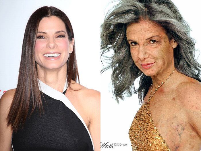 Outra beldade que sofreu com "máquina do tempo" é Sandra Bullock, de 48 anos. Será que a montagem exagerou nas rugas e linhas de expressão?