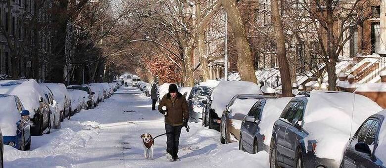 Homem caminha com cachorro em meio à rua cheia de neve no Brooklyn