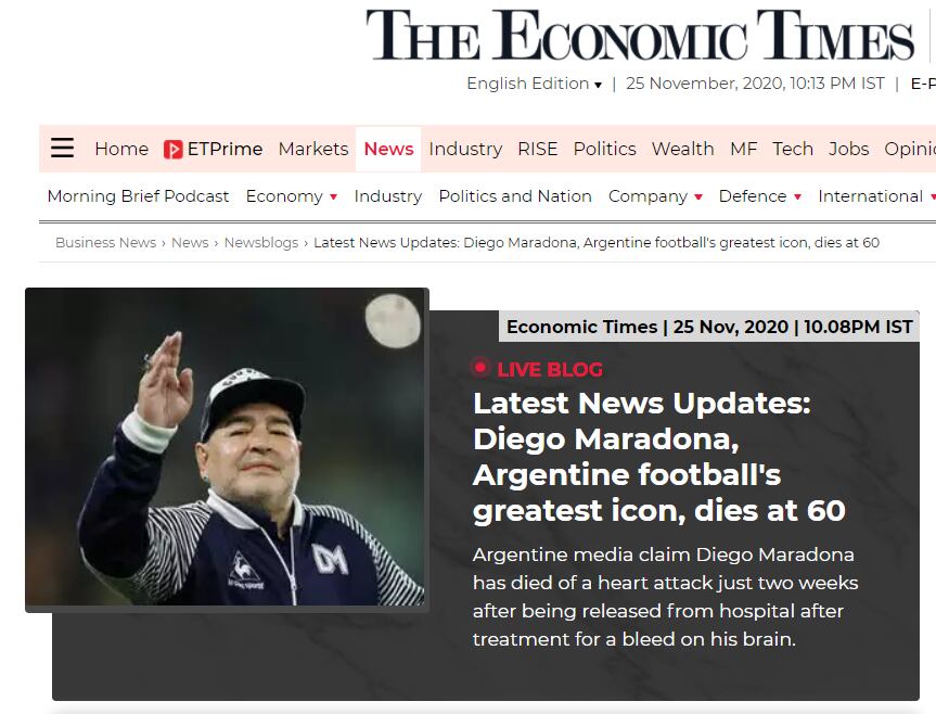 O jornal The Economic Times também publicou sobre a morte do argentino