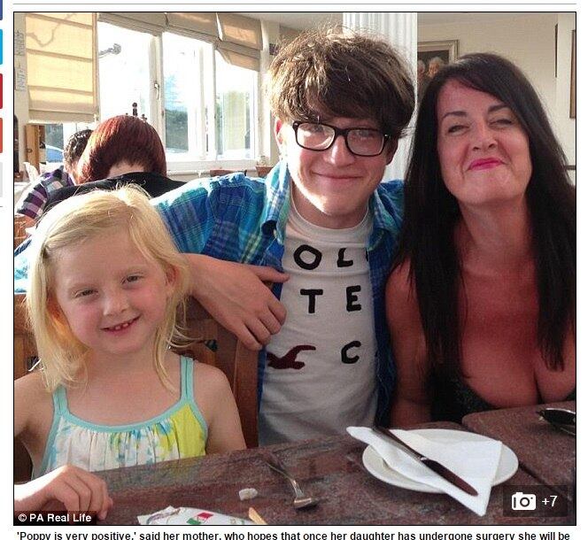 Alison, mãe
de Poppy, trabalha como cabeleireira autônoma, e está buscando ajuda de amigos
e desconhecidos que aceitem financiar a cirurgia de Poppy. A família tem
promovido caminhadas para levantar fundos, vendas de bolos, e até mesmo um
festival de música country já foi organizado para ajudar na arrecadação 